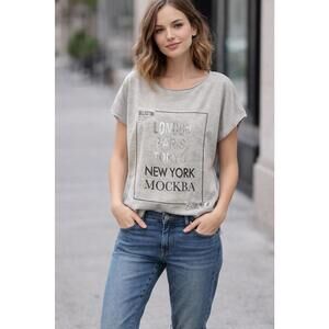 AmoRosa Graphic Tee with City Names and Sequin Detail - S/M